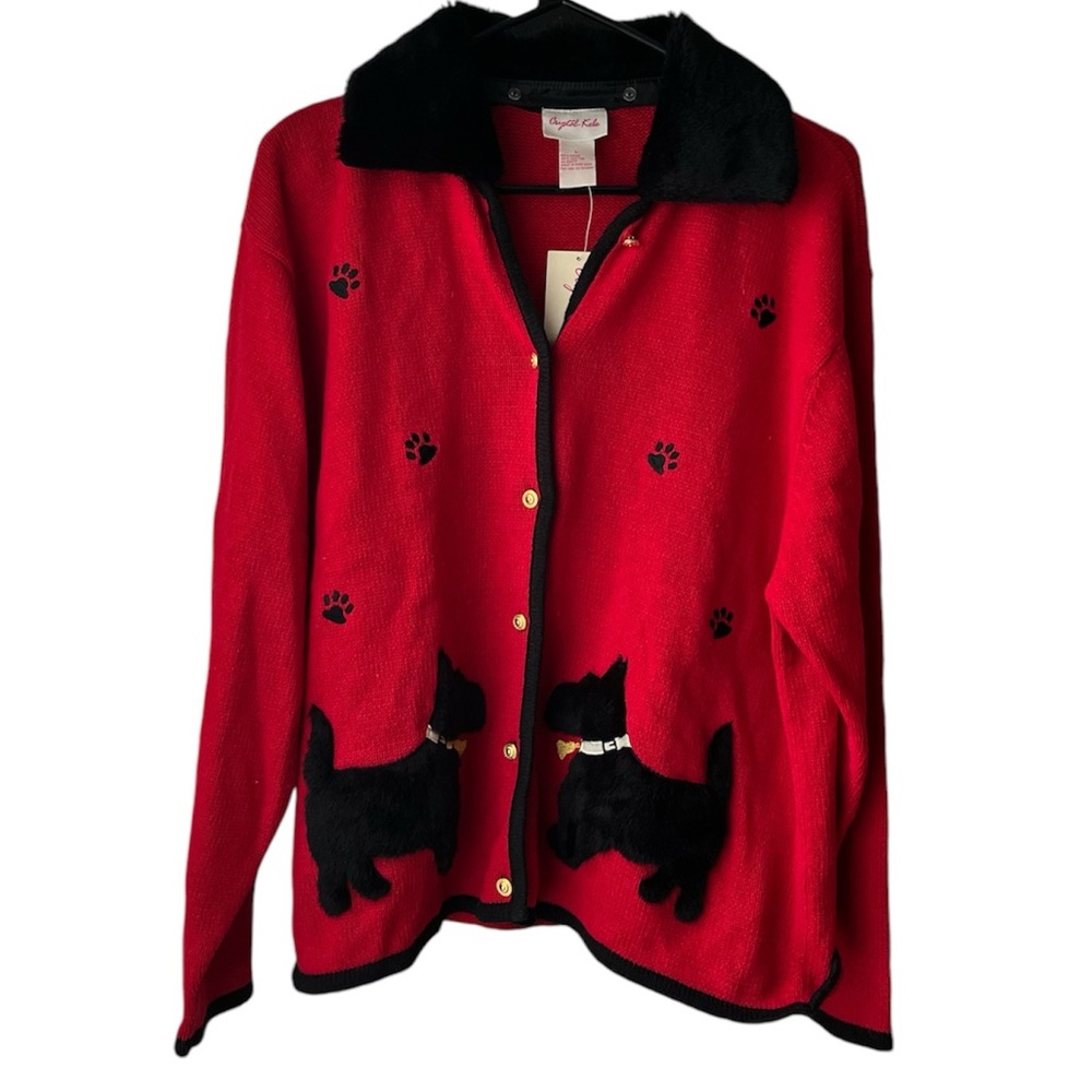 Vintage Red Sweater Cardigan with Black Scottie Dog Motif